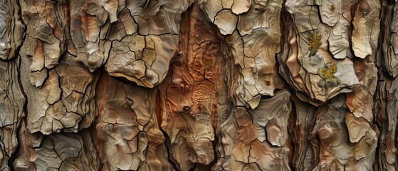 Wall Mural - Panoramic close-up, high detail scan of intricate cedar tree bark texture, Generative AI