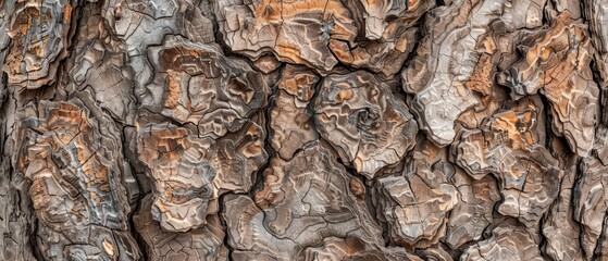 Wall Mural - Panoramic close-up, high detail scan of knotted walnut tree bark texture, Generative AI