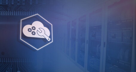 Wall Mural - Image of icons and lights over servers on blue background