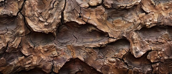 Wall Mural - Panoramic close-up, high detail scan of knotted walnut tree bark texture, Generative AI