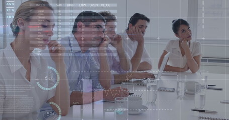 Poster - Statistical data processing and ticking clock against group of diverse businesspeople in a meeting