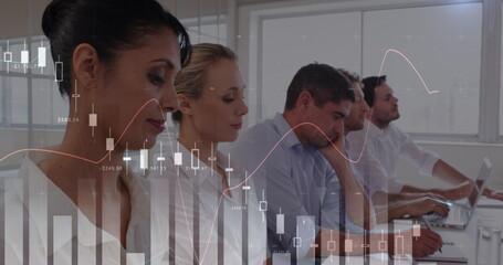 Poster - Statistical data processing over group of diverse businesspeople clapping in meeting room at office
