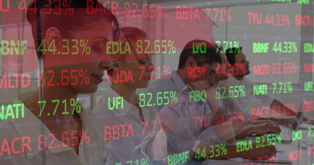 Poster - Stock market data processing over group of diverse businesspeople clapping in meeting room at office