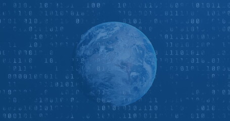 Poster - Image of digital city and dollar banknote over data processing and globe on blue background