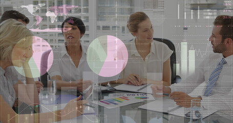 Poster - Statistical data processing against group of diverse businesspeople discussing in meeting room