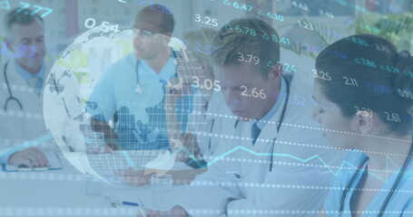 Poster - Stock market data processing over group of diverse doctors and health workers discussing at hospital