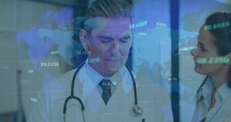 Poster - Image of data and world map over diverse female and male doctors talking