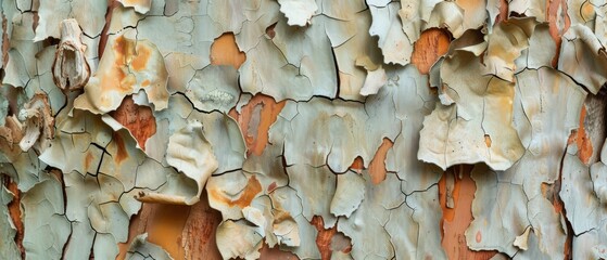 Wall Mural - Panoramic close-up, high detail scan of peeling gum tree bark texture, Generative AI