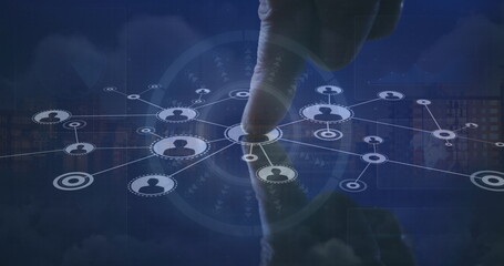 Poster - Cropped finger touching on profile icons interconnecting with lines over buildings and clouds
