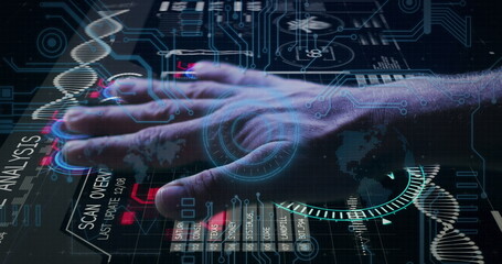 Poster - Image of caucasian man hand scanning with hud element, data processing on digital interface