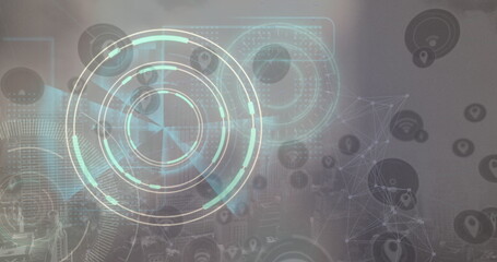 Poster - Image of network of connections with scope scanning and data processing over cityscape