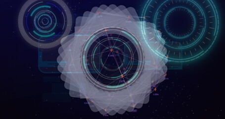 Poster - Image of digital circles and dots interconnecting with lines on abstract background