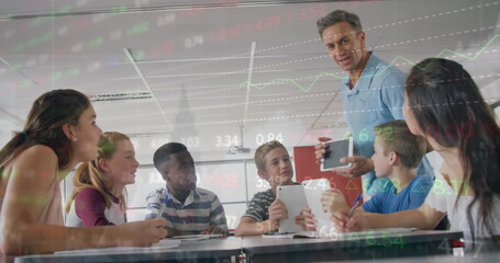 Sticker - Image of trading board over male teacher showing digital pc to multiracial students in classroom