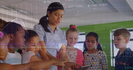 Poster - image of financial data over hispanic female teacher and class of diverse pupils