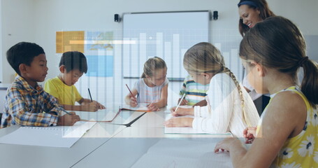 Sticker - Image of bar graph over female teacher assisting multiracial students writing in classroom