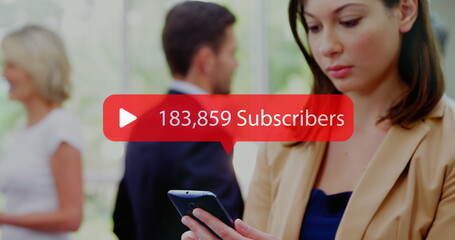 Poster - Image of social media subscribers notification over smiling caucasian woman using smartphone