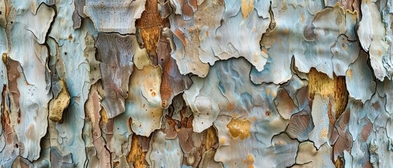 Wall Mural - Panoramic close-up, high detail scan of peeling gum tree bark texture, Generative AI