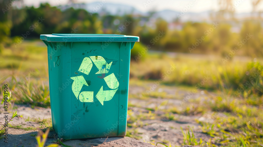 A green recycling bin with the recycling symbol on it, placed outdoors ...