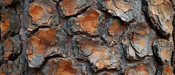 Wall Mural - Panoramic close-up, high detail scan of rugged pine tree bark texture, Generative AI