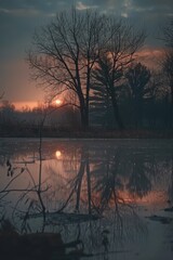 Wall Mural - Silhouettes of Trees Reflected in a Still Pond at Sunset