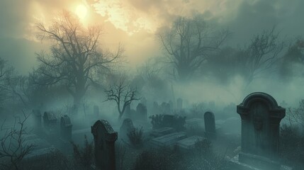 Wall Mural - A spooky fog-filled graveyard scene with tombstones and eerie lighting for a Halloween night.