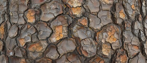 Wall Mural - Panoramic close-up, high detail scan of rugged pine tree bark texture, Generative AI