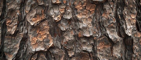 Wall Mural - Panoramic close-up, high detail scan of rugged pine tree bark texture, Generative AI