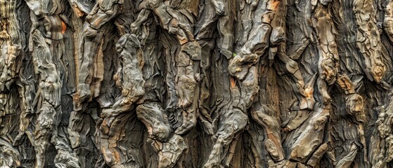 Wall Mural - Panoramic close-up, high detail scan of twisted willow tree bark texture, Generative AI