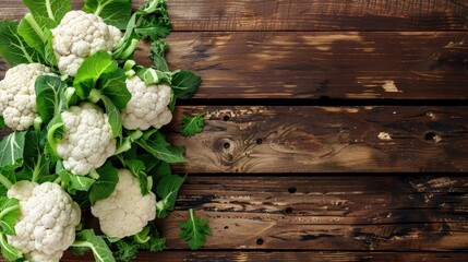 Wall Mural - Organic cauliflower on wooden surface top view with empty space