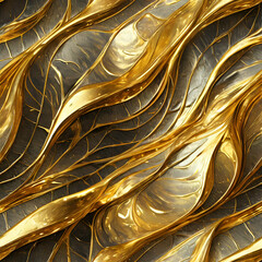 Wall Mural - A seamless chrome golden plate texture, featuring abstract waves creating a fluid and dynamic pattern. The background captures the reflective and luxurious quality of chrome gold.