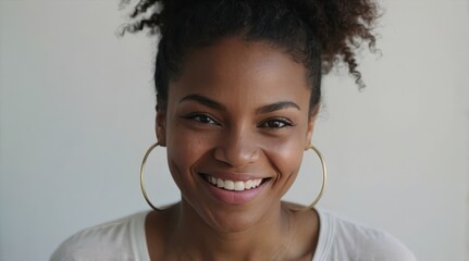 Wall Mural - Portrait of young happy black african american woman smiling standing in front of blank white wall looks in camera