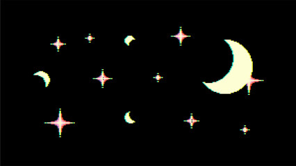 Poster - Pixel Color Leaked Moon and Stars Blinking on Black Background