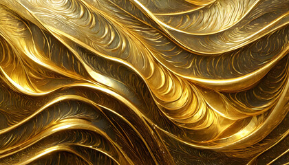 Wall Mural - abstract gold background.a seamless chrome golden plate texture with abstract waves, emphasizing the fluidity and dynamic nature of the pattern. The golden hues and reflective quality create a strikin