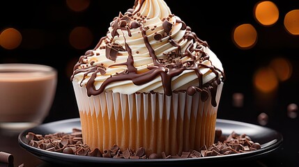 Wall Mural - Delicious sweet cupcake with chocolate and cream topping, blur background