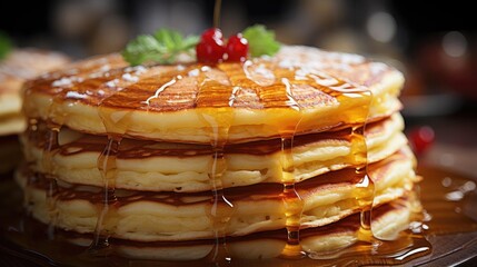 Wall Mural - Close-Up of pile of pancakes with melted sweet syrup and fruit toppings with a blurred background