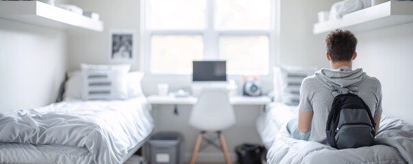 Poster - Magazine Photography, completed dorm room with student relaxing, stylish and inviting atmosphere