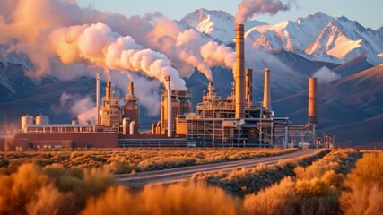 Wall Mural - A large industrial plant with smoke billowing from its chimneys stands against a backdrop of snow-capped mountains in a desert landscape.