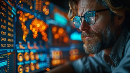 Poster - Focused Trader Analyzing Market Data Screens. Serious trader with glasses intensely analyzes market data on multiple digital screens in a dark room.