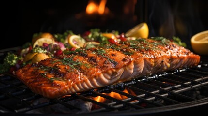 Wall Mural - Delicious grilled salmon with vegetable topping, black and blurred background