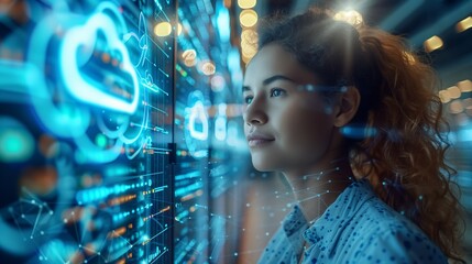 Poster - Woman Analyzing Cloud Data Visualization. Young woman analyzes cloud data visualizations on a high-tech digital screen, representing modern technology and data analysis.