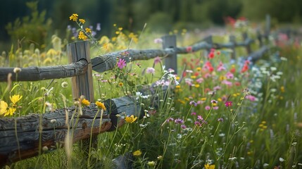 Wall Mural - A Rustic Wooden Fence Bordering a Vibrant Wildflower Meadow