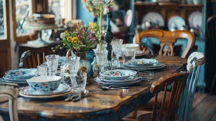 Poster - A vintage dining table with mismatched chairs, set with an eclectic mix of dishes and silverware, perfect for a quirky and unique dining experience.