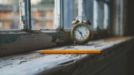 Poster - Pencil on windowsill beside timepiece