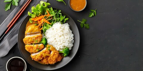 Poster - Japanese meal Katsu curry with rice and vegetables. Concept Japanese cuisine, Katsu curry, Rice dish, Vegetable curry, Asian flavors