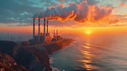 Wall Mural - An industrial factory with tall smokestacks spewing smoke sits on a rocky coast, silhouetted against a vibrant sunset over the sea.