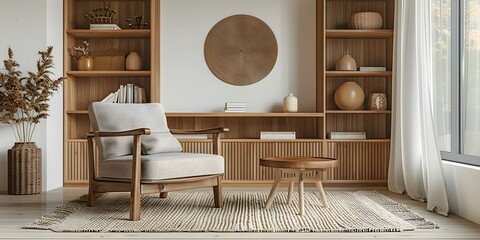 Wall Mural - Minimalistic Japandi living room with wooden shelves armchair and coffee table. Concept Japandi Design, Minimalistic Living Room, Wooden Shelves, Armchair, Coffee Table