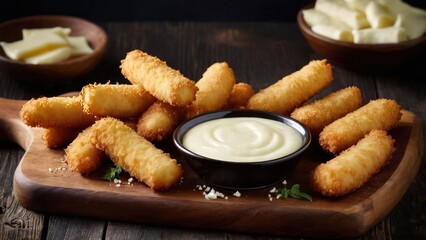 Poster - Elegant Fried Delicacies Platter with Various Dipping Sauces - A Snacking Spectacle