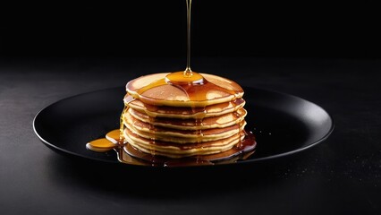 Wall Mural - Elegant Minimalism, Stacked Pancakes on Black Plate with Honey and Butter Garnish