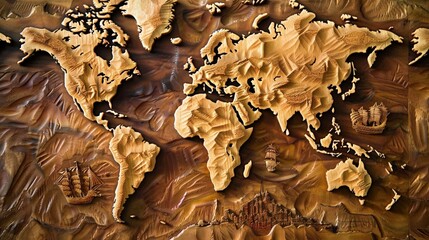 Poster - A wood-carved world map, with intricate details showing the contours of continents and islands