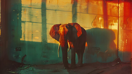 Wall Mural - Elephant Standing in Front of a Wall with Shadows - Illustration